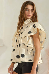 IT2337 Ruffle Sleeves Pintuck Detail Polka Dot Print top: CREAM/BLACK