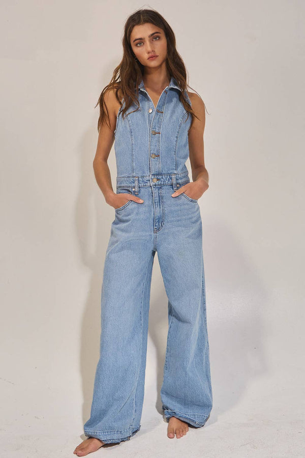 IR5621  Collared Wide Leg Denim Jumpsuit