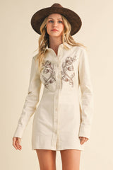 ID9321 LONG SLEEVE EMBROIDERED BUTTON DOWN SHIRT DRESS: CREAM COMBO / S