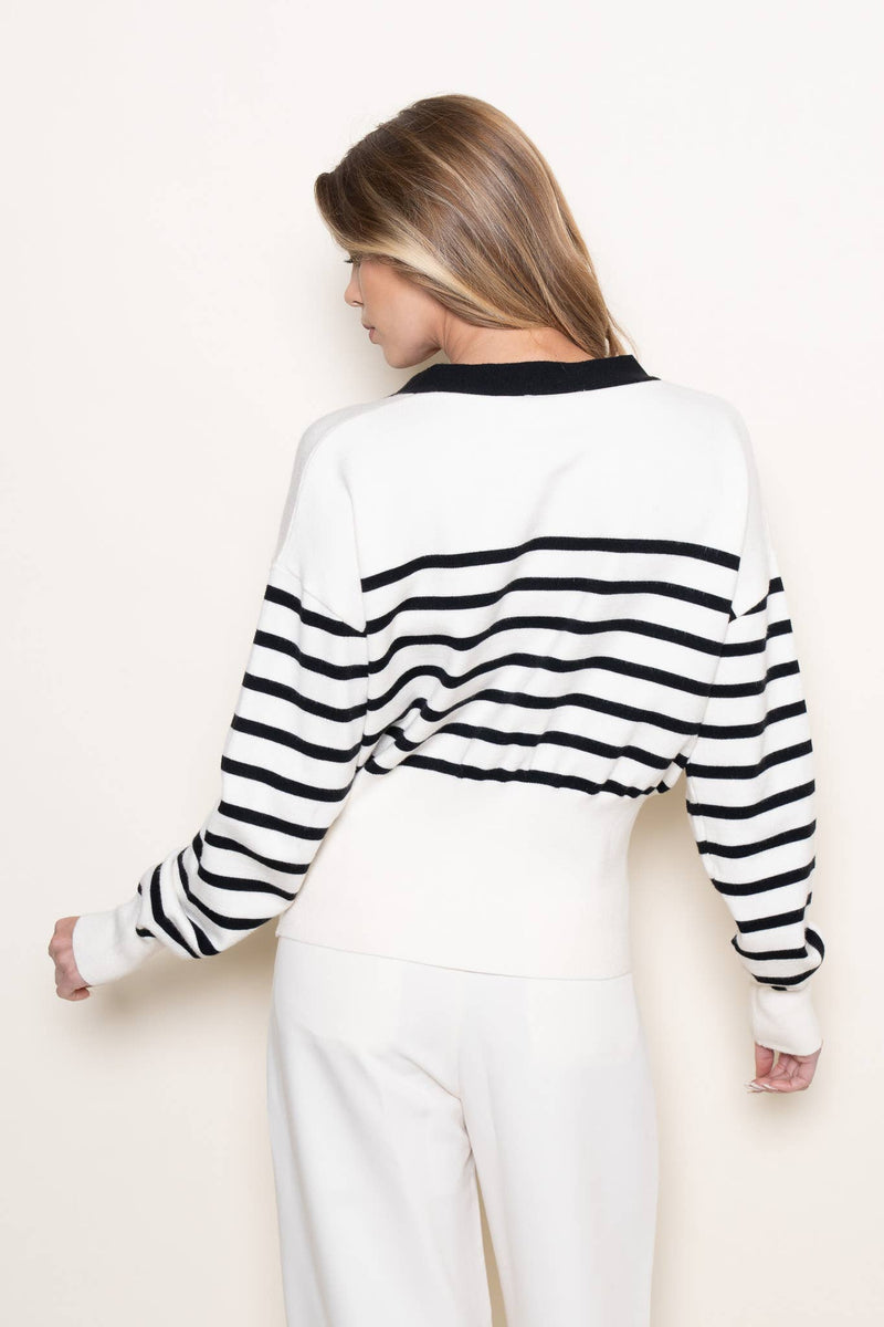 CHIC CLASSY ELEVATED BASICS GOLD BUTTON CARDIGAN-OI6614FO: BLACK/WHITE / Contemporary / S