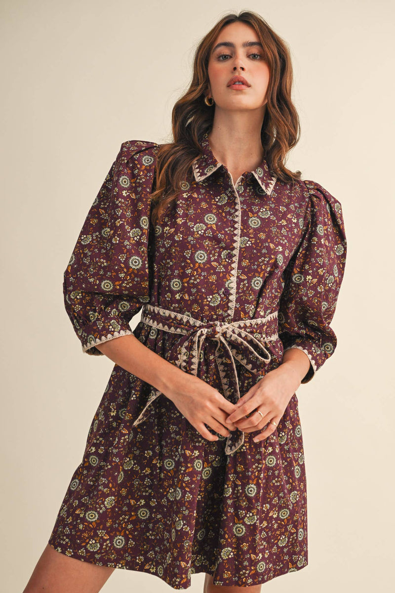 BLANKET STITCH PUFF SLEEVE FLORAL MINI DRESS MDR4173: Plum Multi Floral / L