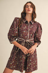 BLANKET STITCH PUFF SLEEVE FLORAL MINI DRESS MDR4173: Plum Multi Floral / S