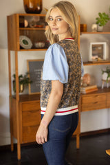 35857 Mixed Solid and Floral Jaquard Top: Blue / M