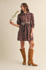 BLANKET STITCH PUFF SLEEVE FLORAL MINI DRESS MDR4173: Plum Multi Floral / S