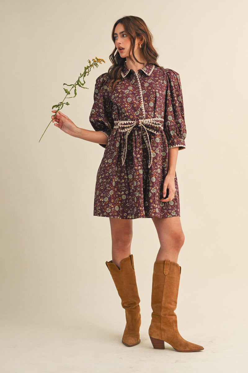 BLANKET STITCH PUFF SLEEVE FLORAL MINI DRESS MDR4173: Plum Multi Floral / M