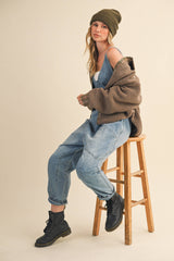 IJ1643 PLAID CONTRAST SHERPA BUTTON DOWN SHACKET: CREAM / L