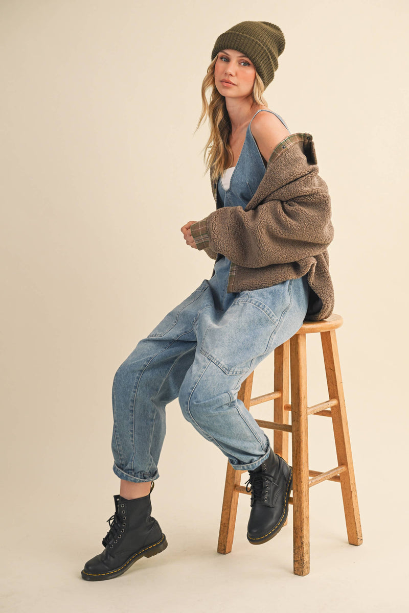 IJ1643 PLAID CONTRAST SHERPA BUTTON DOWN SHACKET: CREAM / L