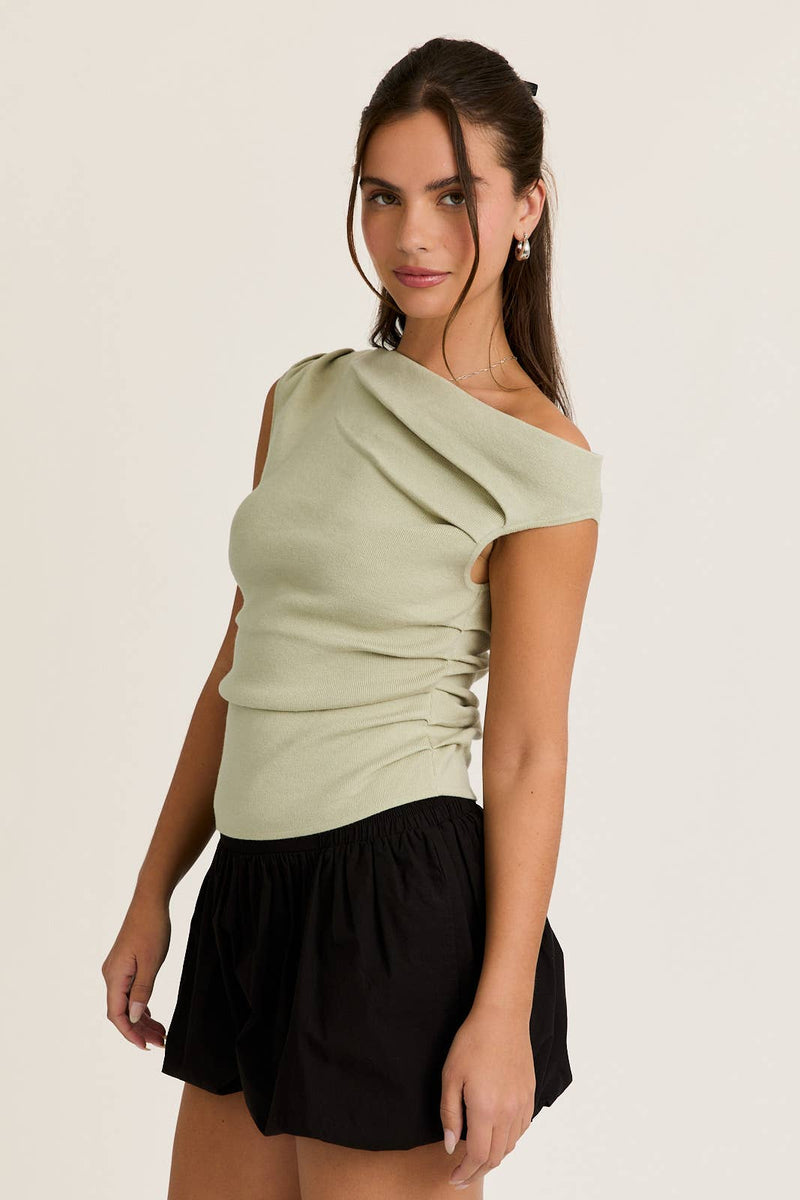 ASYMMETRICAL NECK SWEATER TOP: Ivory / XS