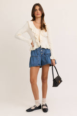 V-NECK RUFFLED SWEATER: CREAM / M