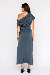 JD9203-ONE SHOULDER RUCHED MIDI DRESS: CHOCOLATE / S