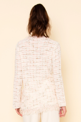 CHIC FRAYED TWEED RIBBON PEARL LOOSE FIT CARDIGAN OI6288FO: WHITE/PINK / Contemporary / S