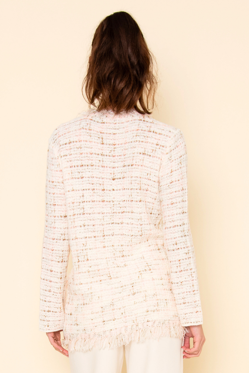 CHIC FRAYED TWEED RIBBON PEARL LOOSE FIT CARDIGAN OI6288FO: WHITE/PINK / Contemporary / S