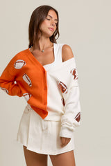 KNIT SWEATER CARDIGAN WITH FOOTBALL SEQUIN EMBROIDERY: WHITE-ORANGE / XS