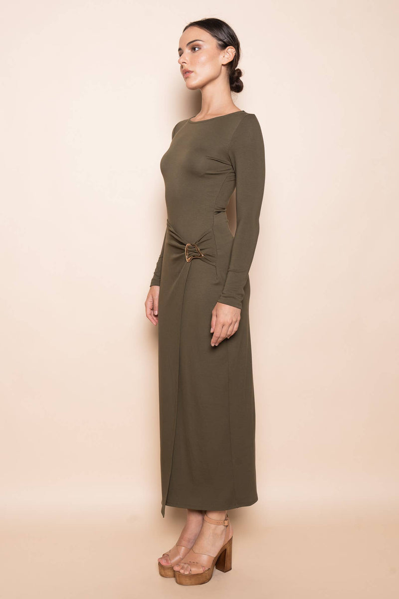 CHIC WRAP PANEL BUCKLE LONG SLEEVE MAXI DRESS-DD10840FO: NUDE / Contemporary / S