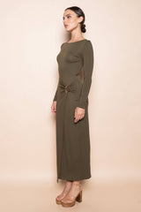 CHIC WRAP PANEL BUCKLE LONG SLEEVE MAXI DRESS-DD10840FO: NUDE / Contemporary / M