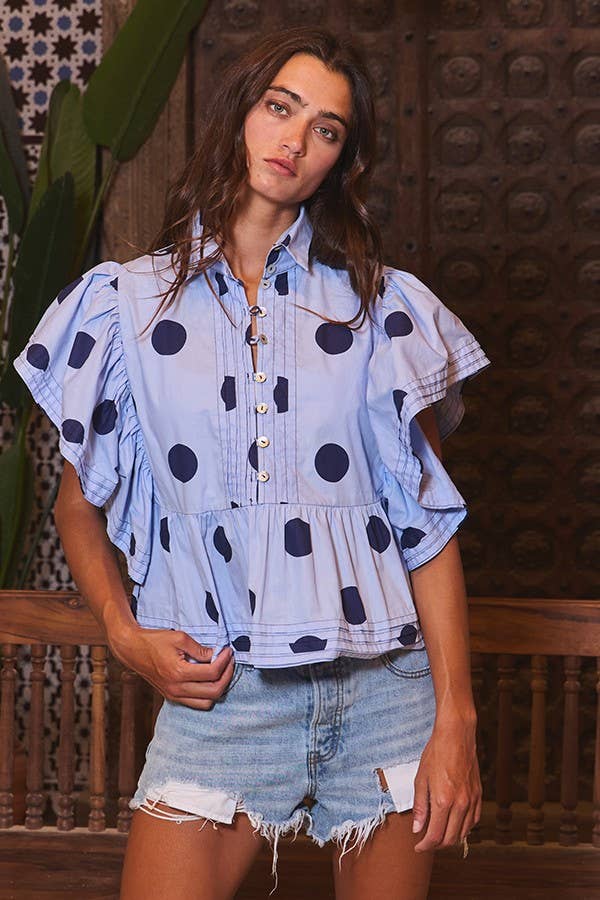 IT2337 Ruffle Sleeves Pintuck Detail Polka Dot Print top: CREAM/BLACK