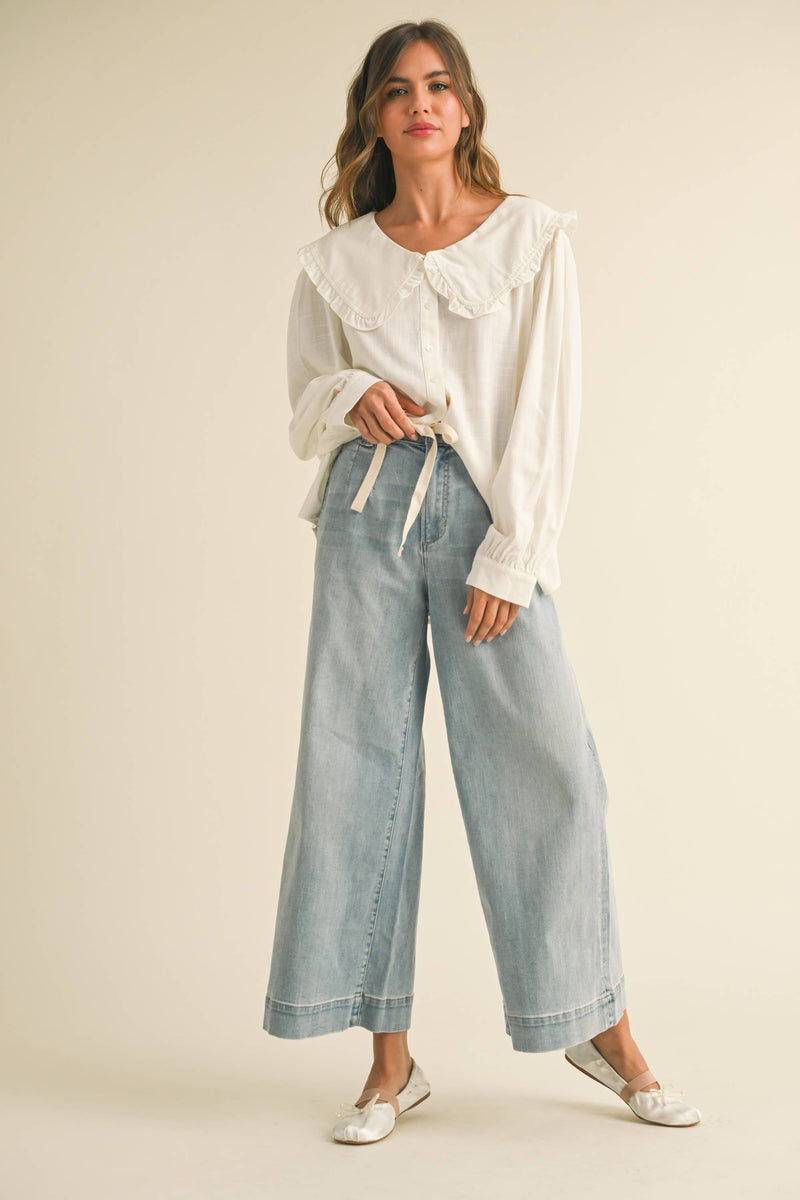 P4880   WASHED DENIM WITH TIE FRONT PANTS: DENIM / L