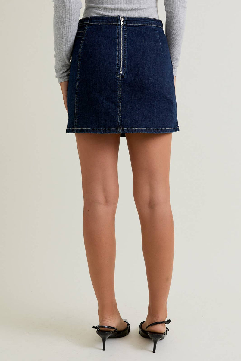 CROSS COVER DENIM MINI SKIRT: DENIM / XS
