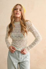 LACE TEXTURED LONG SLEEVE BLOUSE M