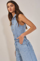 IR5621  Collared Wide Leg Denim Jumpsuit