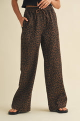 IP1397 LEOPARD PRINT WIDE DENIM TRACK PANTS: Brown / S