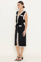 CONTRAST TRIM BUTTON-DOWN S/L SWEATER DRESS-DI8196FO: Black / Contemporary / M