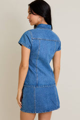SHORT SLEEVE BUTTON FRONT DENIM TOP: DENIM / M
