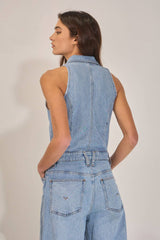 IR5621  Collared Wide Leg Denim Jumpsuit