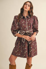 BLANKET STITCH PUFF SLEEVE FLORAL MINI DRESS MDR4173: Plum Multi Floral / M