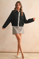 LACE TRIM KNITTED CARDIGAN: Black / M