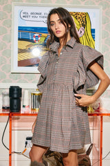 Ruffle Sleeves Brown Plaid Mini Dress