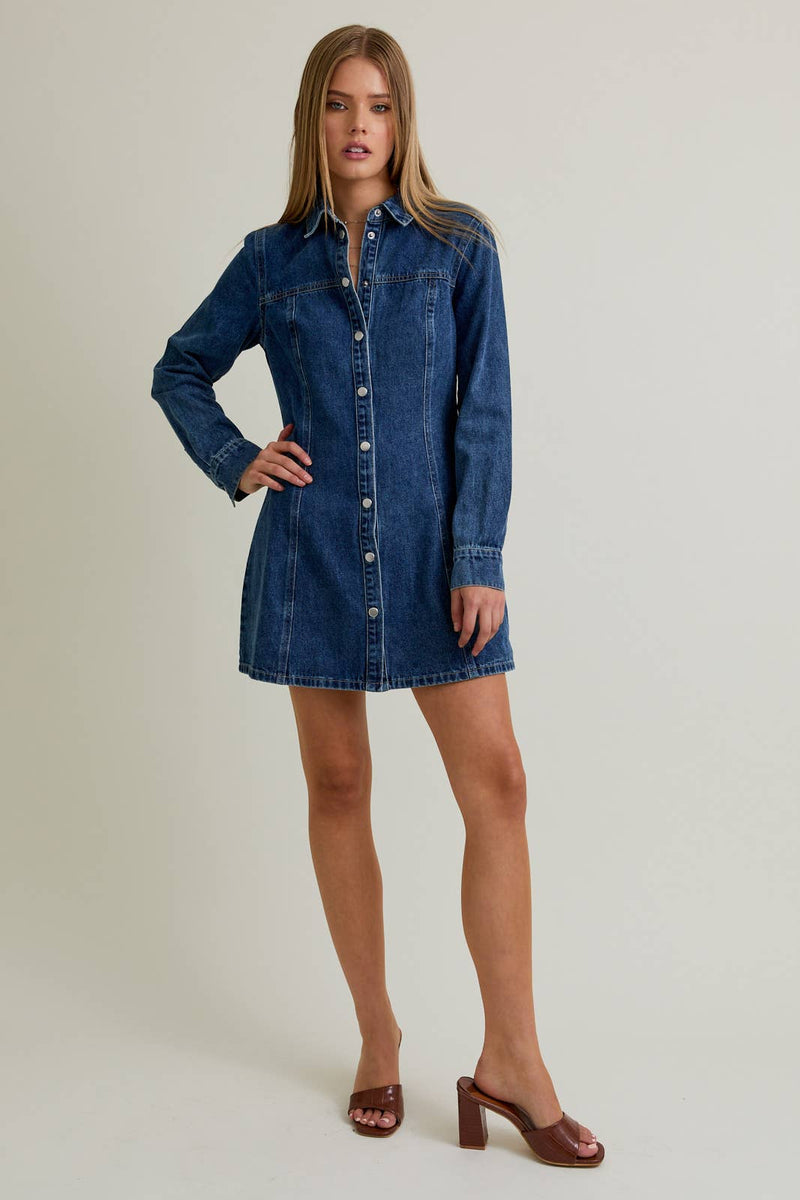 DENIM MINI DRESS WITH FRONT SNAP BUTTON CLOSURE: DENIM / M