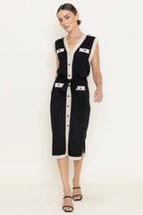 CONTRAST TRIM BUTTON-DOWN S/L SWEATER DRESS-DI8196FO: Black / Contemporary / M