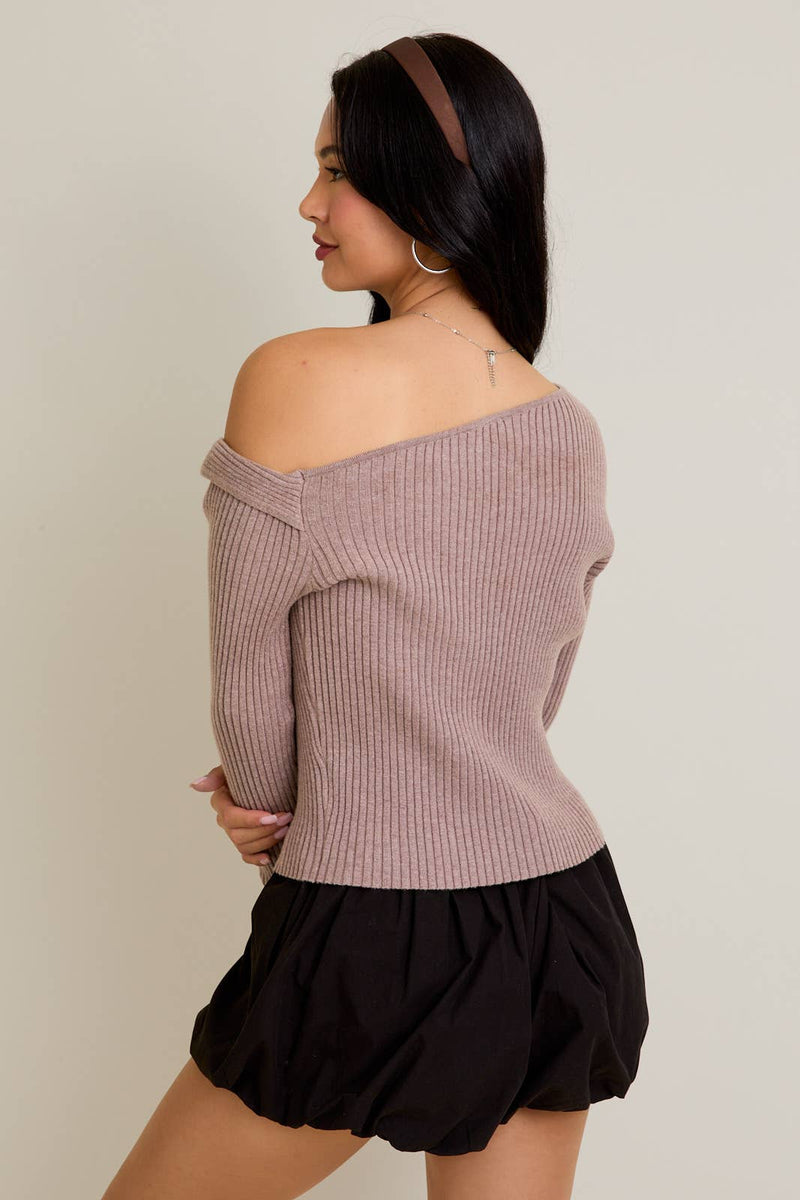 ONE SHOULDER RIBBED DIFFERENCE DETAIL SWEATER TOP: H BROWN / XS