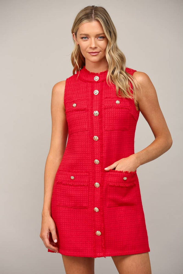 FRONT PATCH POCKET SLVL TWEED DRESS FD32156: RED / S