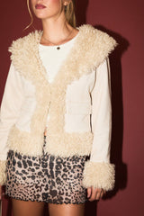 FAUX FUR TRIMMED SUEDE JACKET: Beige / XS