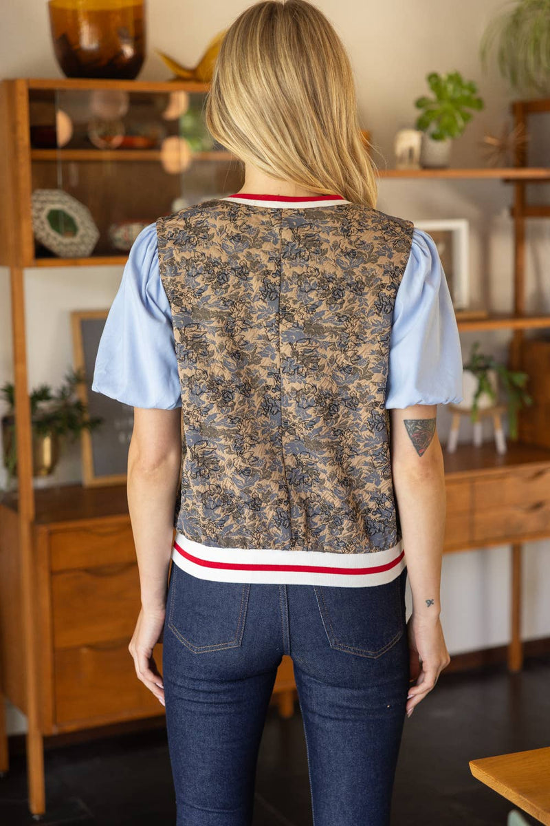 35857 Mixed Solid and Floral Jaquard Top: Blue / M