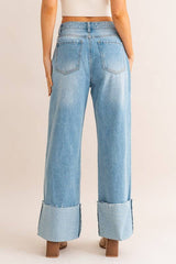 WIDE LEG CUFFED JEANS: Lt Denim / L