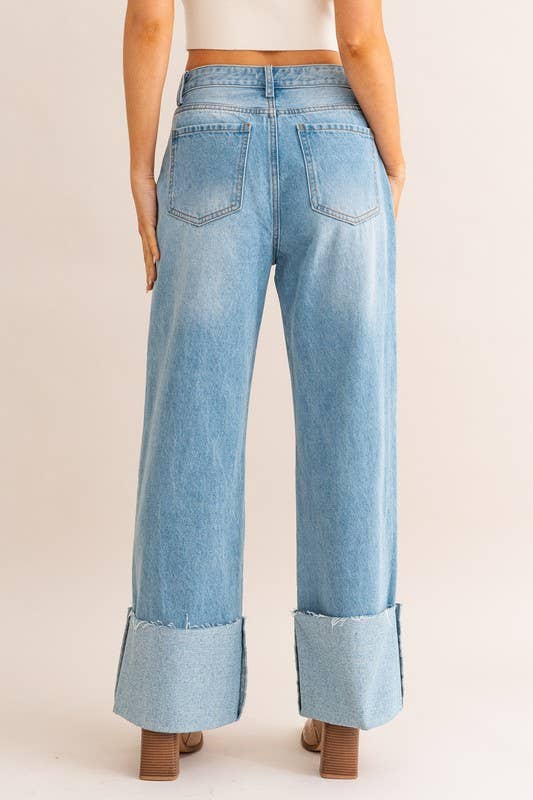 WIDE LEG CUFFED JEANS: Lt Denim / S