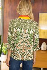 35856 Abstract with Striped Placket and Neck Detailed Top: Light Olive / M