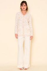 CHIC FRAYED TWEED RIBBON PEARL LOOSE FIT CARDIGAN OI6288FO: WHITE/PINK / Contemporary / L