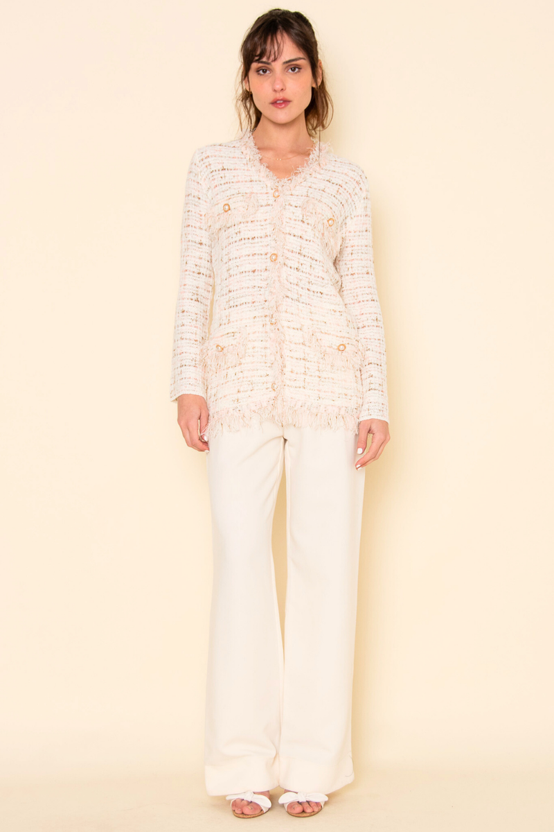 CHIC FRAYED TWEED RIBBON PEARL LOOSE FIT CARDIGAN OI6288FO: WHITE/PINK / Contemporary / L