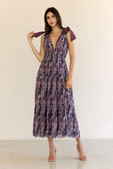 JD4447-14-FLORAL TIERED MAXI DRESS: PURPLE FLORAL / S