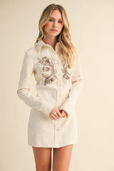ID9321 LONG SLEEVE EMBROIDERED BUTTON DOWN SHIRT DRESS: CREAM COMBO / L
