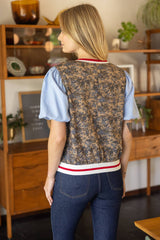 35857 Mixed Solid and Floral Jaquard Top: Blue / M