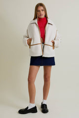 LAPEL COLLAR JACKET WITH LONG SLEEVE AND FRONT ZIP CLOSURE: IVORY-LT BROWN / XS