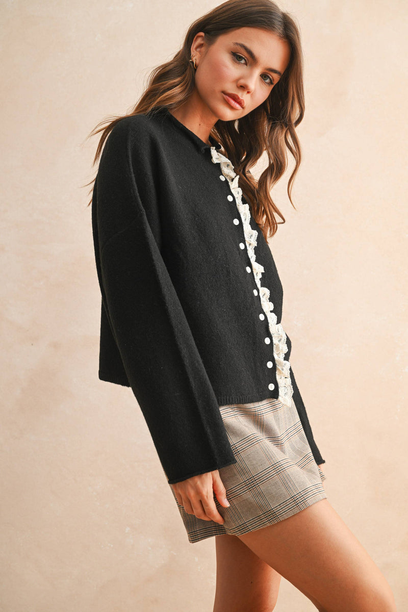 LACE TRIM KNITTED CARDIGAN: Black / M
