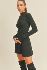 ID5527 MOCK NECK LONG SLEEVE FIT AND FLARE MINI DRESS: Burgundy / S