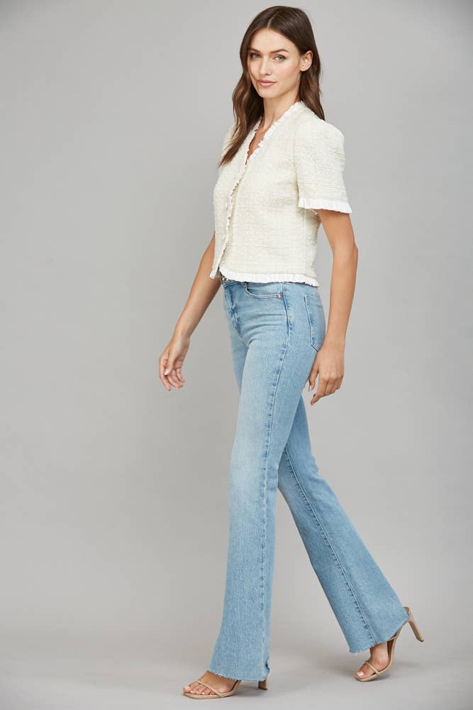 CONTRAST RUFFLE HEM DETAIL LUREX TWEED JACKET FJ70198: CREAM / L