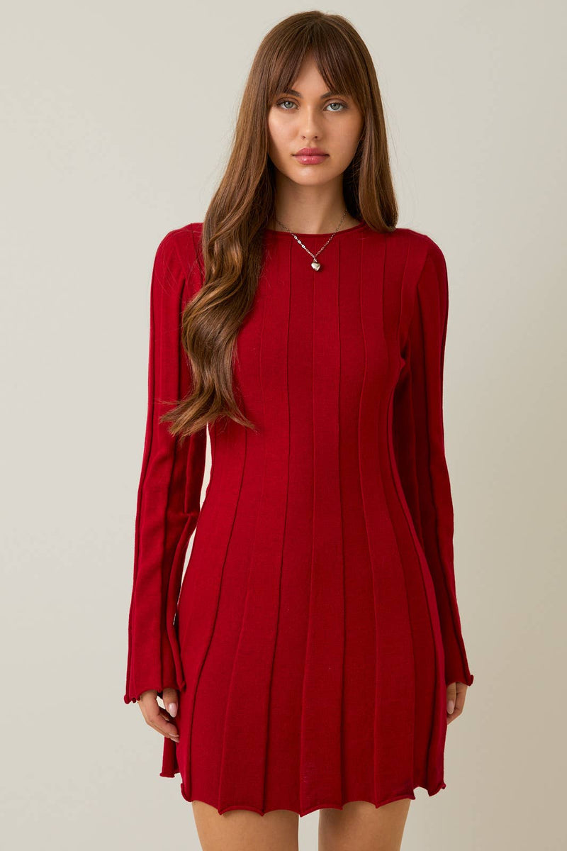FLARE RIBBED SWEATER MINI DRESS L